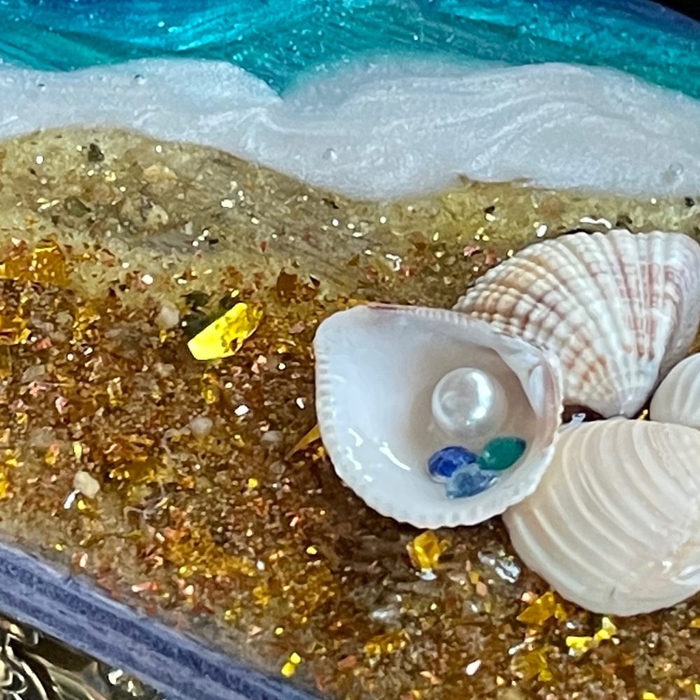 Real Sand Ocean Themed Resin Topped Jewelry Trinket Pine Box - Picture 9 of 17